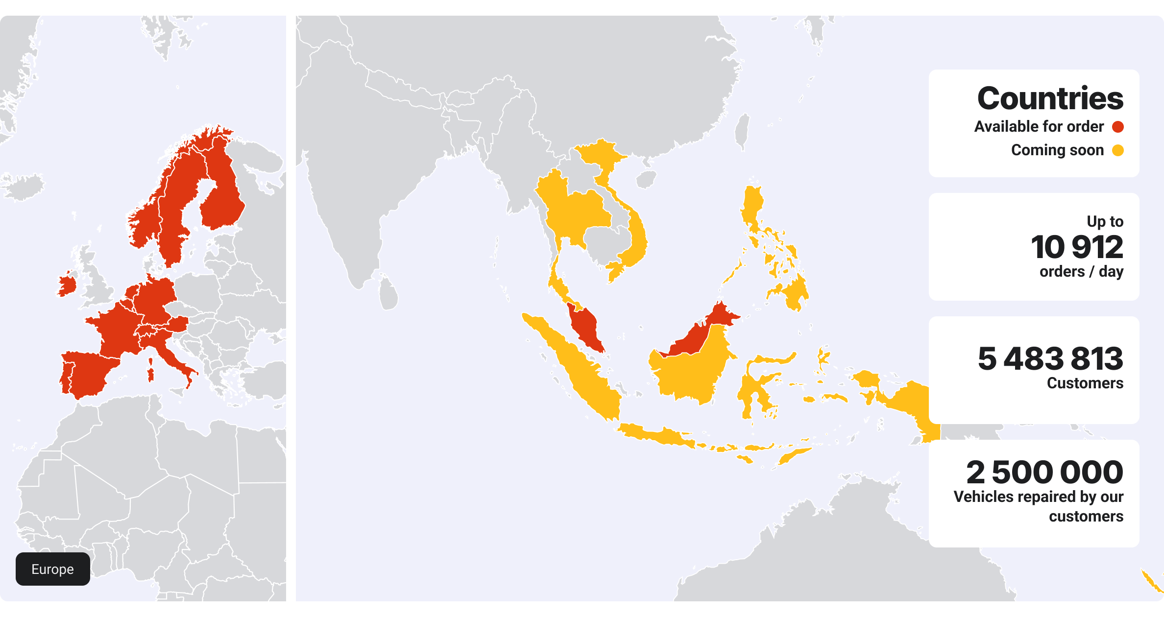 Mister-Auto coverage — Europe and Southeast Asia, with key stats